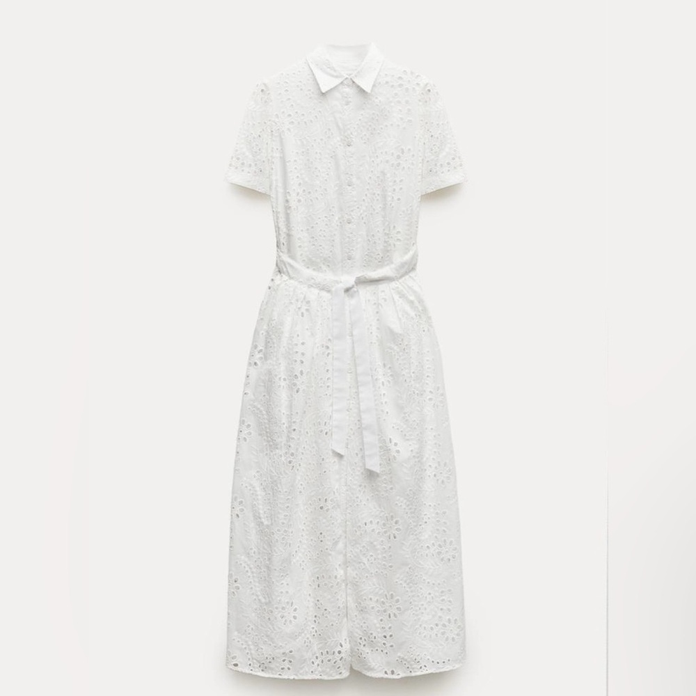 Zara White Broderie Midi Dress with Self-Tie Waist